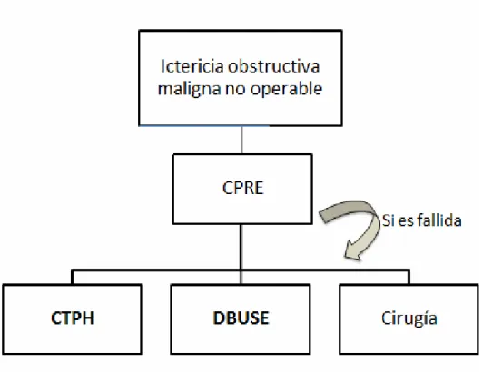 Figura  1.  Algoritmo  de  manejo  para  el  drenaje  de  la  vía  biliar  de  los  pacientes  con  ictericia obstructiva maligna no operable
