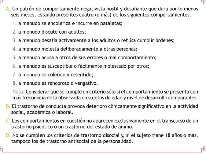 TABLA 1.1.  CRITERIOS PARA EL DIAGNÓSTICO DEL TRASTORNO NEGATIVISTA DESAFIANTE. DSM-IV-TR (APA, 2002).