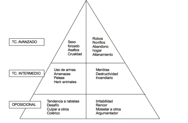 Figura 1.1.  Pirámide de desarrollo de los problemas de conducta. (Fernández y Olmedo 1999: 50)