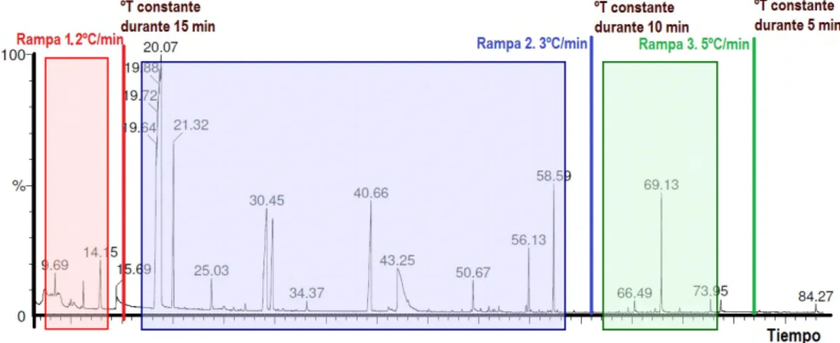 Figura 2.2. Programa de temperatura múltiple para la elución de los compuestos volátiles 