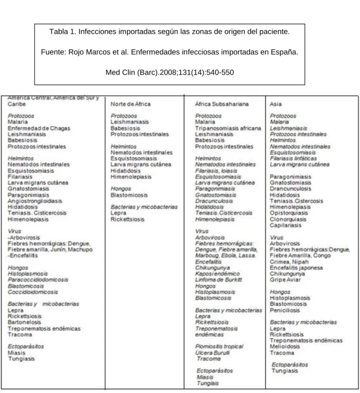 Tabla 1. Infecciones importadas según las zonas de origen del paciente. 