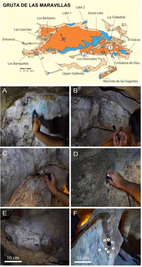 Fig. 3. Topography of the Gruta de las Maravillas and location of the study site. A. In situ Raman analysis of bluish helictites; B