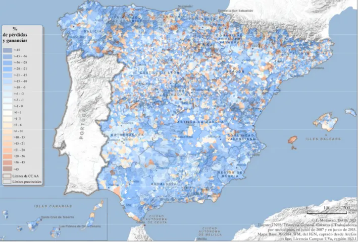 Figura 1. Saldos laborales totales de la crisis en los municipios de España, entre 2007 y 2015
