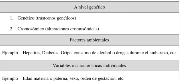Tabla 2. Factores determinantes en la aparición de la discapacidad psíquica  A nivel genético 