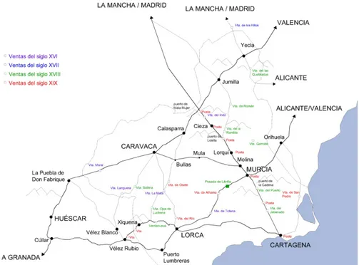 Ilustración 3 . Mapa que refleja las ventas y posadas existentes en la actual Región de  Murcia durante los siglos XVI, XVII, XVIII y XIX, entre las que figura la Posada de 