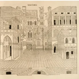 Figura I. La escena cómica, Sebastiano Serlio, Il primo e secondo libro d'Ar- d'Ar-chitettura, Paris, Jehan Barbé, 1545 (Cortesía de Marquand Library of Art 
