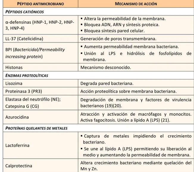 Tabla	 2:	 Principales	 péptidos	 con	 acción	 antimicrobiana	 presentes	 en	 los	 gránulos	 de	 los	