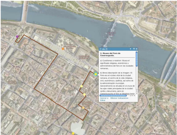 Figura  IV.10.  Itinerario  didáctico  “Zaragoza  Romana”  en  ArcGis  Online.  Fuente:  PIMCD  165/2013  “Aprender Geografía de España con la web 2.0”, UCM