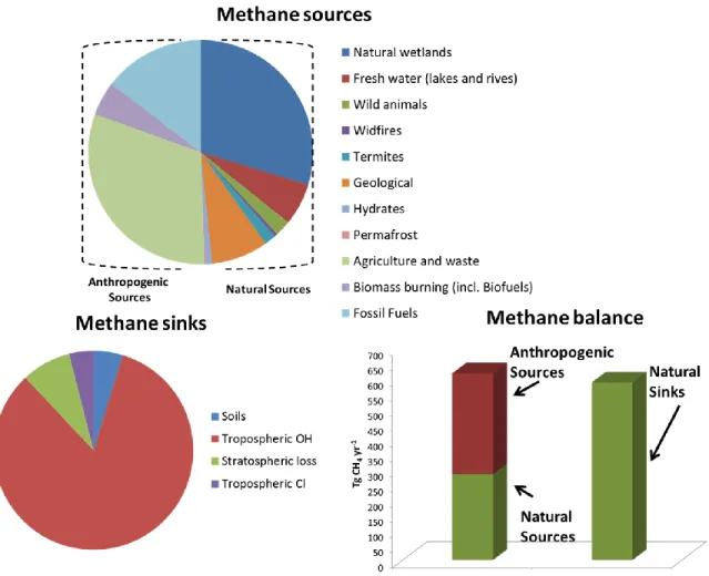 Figure 1.2 Methane sources, sinks and methane imbalance (sources-sinks). The numeric data were obtained 