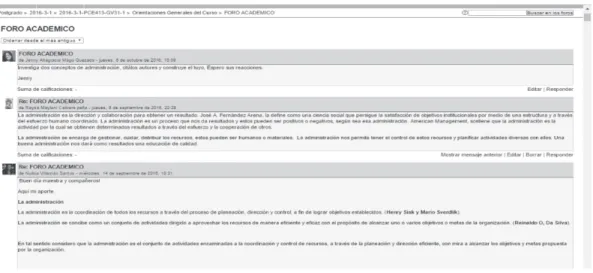 Figura 1.  Foros. Tomada del Curso virtual PCE413-Plataforma-1er bimestre 2016-3.   