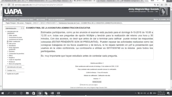 Figura 5: Pruebas tipo test para los maestrantes. Tomada del Curso virtual   PCE413-Plataforma-1er 