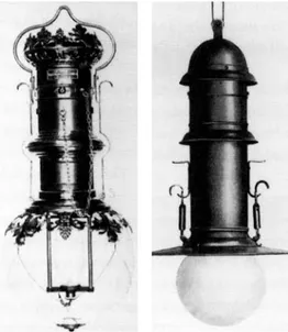 Fig. 4. Lámparas producidas por la AEG, Berlín, antes de la colaboración de Behrens: a la izquierda, una lámpara  orna-mental: a la derecha, una lámpara económica.