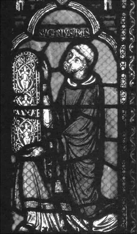 Fig. 9. El abad Suger ofrece una vidriera a San Denís, deta- deta-lle de la Basílica de San Denís, París, ca
