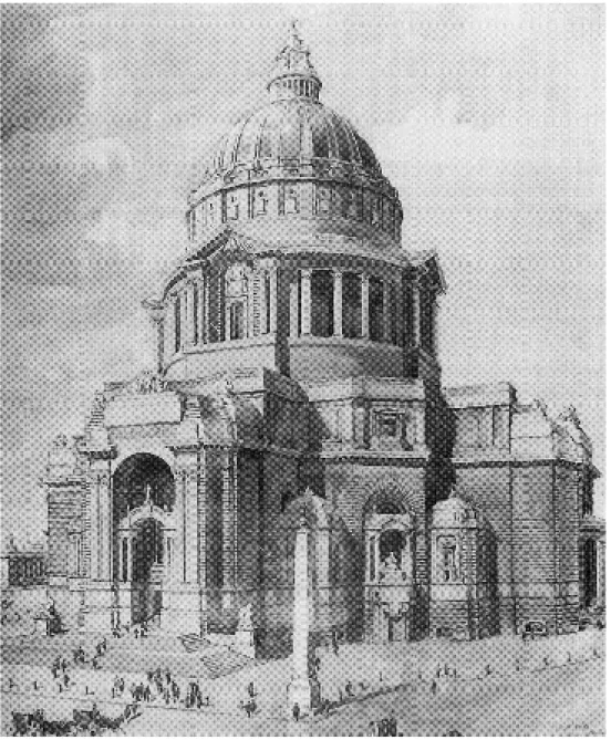Fig. 7. Dibujo preparado en 1902 por Adshead, que colabo- colabo-ró con sus dibujos en el concurso para la catedral de  Liver-pool presentado por Charles Reilly (director de la Escuela de Arquitectura de Liverpool).