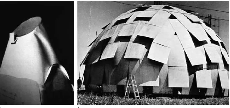 Fig. 1. Iglesia en Firminy, maqueta de papel. Le Corbusier. Fig. 2. Cúpula Geodésica de contrachapado