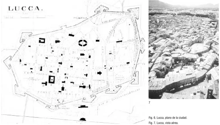 Fig. 6. Lucca, plano de la ciudad. Fig. 7. Lucca, vista aérea.