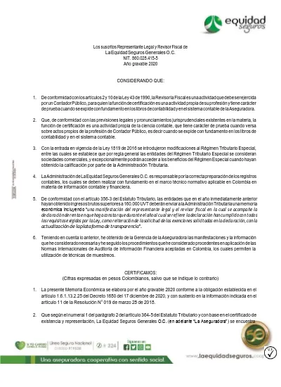 Los Suscritos Representante Legal Y Revisor Fiscal De La Equidad