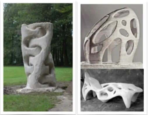 Fig. 1: Una escultura para exteriores, la pieza &#34;Radiolaria&#34; y una  tumbona para jardín