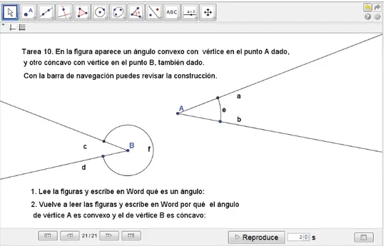Figura 2. Applet GeoGebra en el que se plantea la detección de la relación angular entre un ángulo interior  y sus centrales correspondientes, para establecer una conjetura