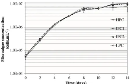 Figure 3 - Evolution of microalgae growth on 14-days for 4 study  cases in a Chlorella sp and Scenedesmus sp culture