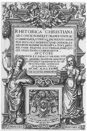 Figura  1. Portada de la Rhetorica christiana de fray Diego Valadés, Perugia,  1579. Cortesía del Ibero-Amerikanisches Institut  Preussis-cher Kulturbesitz.