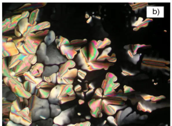Figure  4.  Optical  polarising  microscopy  photographs  (x  100) of  (a)  CN-TriPh  at  120°C  on  cooling from the isotropic phase; b) [AuCl(CN-TriPh)] at 217°C on cooling from the isotropic  phase,  c)  C6F4C6F4){Au(CN-TriPh)}2]),  first  heating  cycl