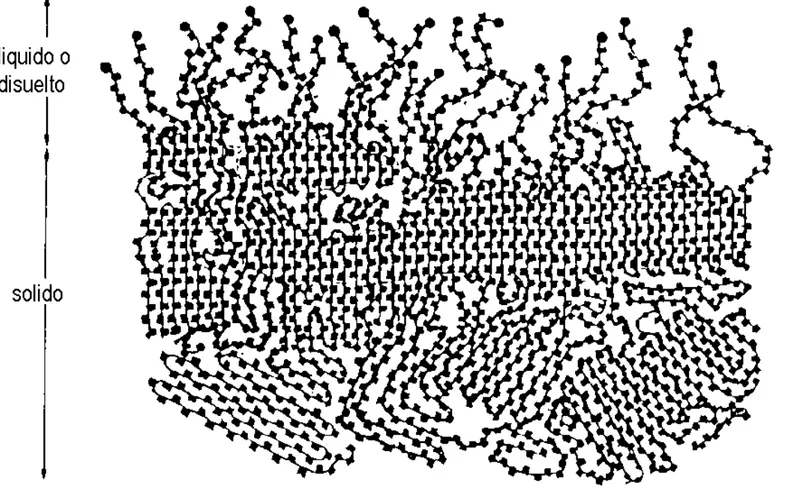 Figura 8.6. Esquema de la ordenación de las cadenas lineales del polietileno de alta densidad al solidificar.