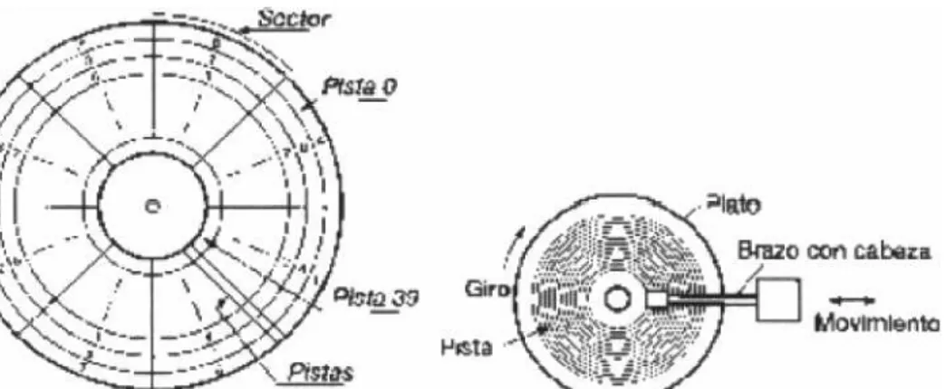 Figura 2. Estructura y funcionamiento de un disco magnético. Distribución de sectores y pistas en la superficie 