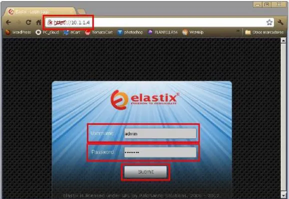 Figura 3. Interfaz de autenticación Web de Elastix, como se puede observar la URL en el navegador  corresponde a la  dirección  IP del  Servidor,  y  para recordar  el  usuario de la interfaz Web  siempre  es  “admin” y  la contraseña que  se  le  asignó a
