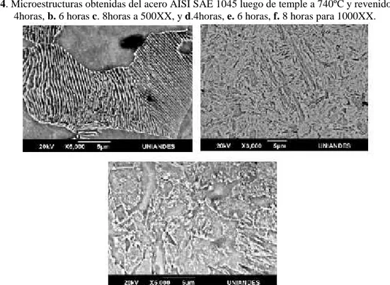 Figura 5. SEM Acero AISI/SAE1045 en estado de entrega y templado a  750°C y 760°C  y Revenido 550°C con 4 horas de sostenimiento.