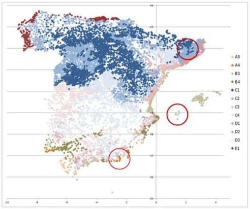 Figura 2. Representación de las severidades climáticas de los municipios de la Península  Ibérica, islas Baleares y las ciudades autónomas de Ceuta y Melilla.