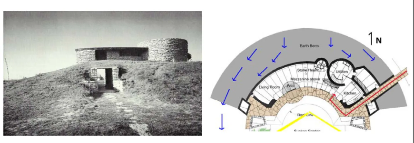 FIGURE 10 Vue du tunnel d'accès, après sa construction (7) et plan de rez-de-chaussée en  montrant l'accès à la maison