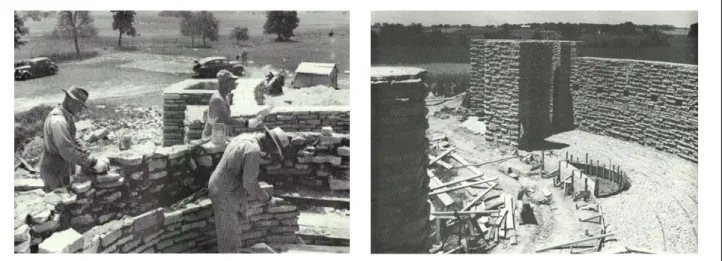 FIGURE 6 Images de la construction du logement. Paroi de pierre calcaire composée de deux  feuilles attachées avec des clés métalliques