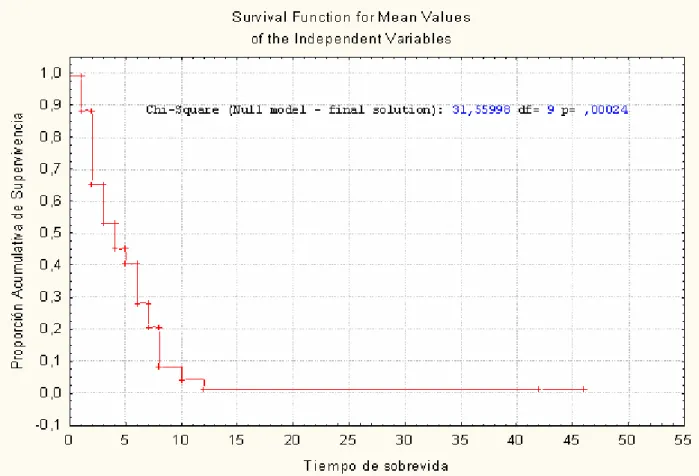 Gráfico 1.  Función de supervivencia global según el modelo de riesgo proporcional de Cox, para las  variables estudiadas