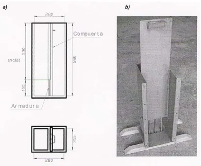 Figura 1.14.  Configuración de la caja en U: a) vista general del molde, y b) vista de uno de los 