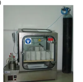 Fig. 4 Accelerated carbonation test: a) Carbonation chamber, and b) carbonated ring on  a sample after the phenolphthalein application
