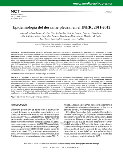 Epidemiologa Del Derrame Pleural En El INER 2011 2012