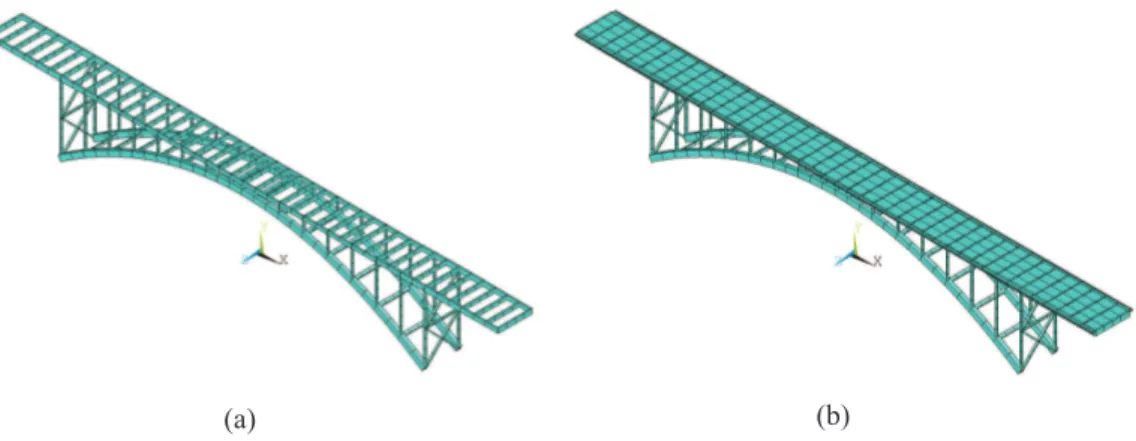 Figure 3: The 3-D FE model of Tablate bridge (a) steel strcuture (b) steel structure and concrete deck.