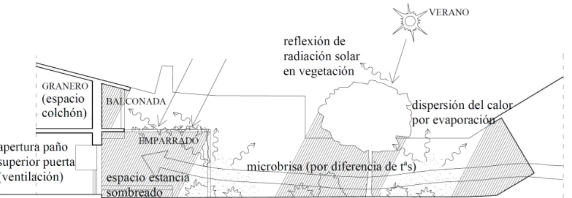 Figura 5. Esquema de funcionamiento bioclimático del patio en clima continental cálido (condiciones de 