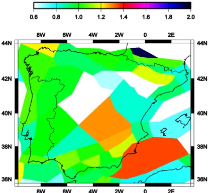 Figure 8. GR b value for the Iberian Peninsula with the GM zones. 