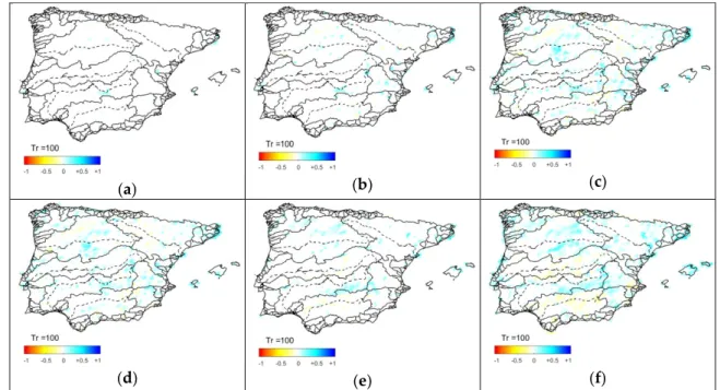 Figure 3. Spatial distribution of significant changes in the 100-year precipitation quantile with a 