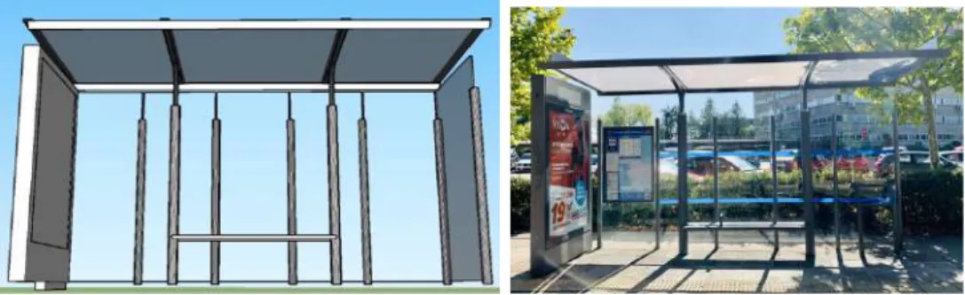 Figure 5. 3D model of a bus stop-shelter and the real element on its right.  3.4. Vehicle Path and Target and Oobserver Heights 
