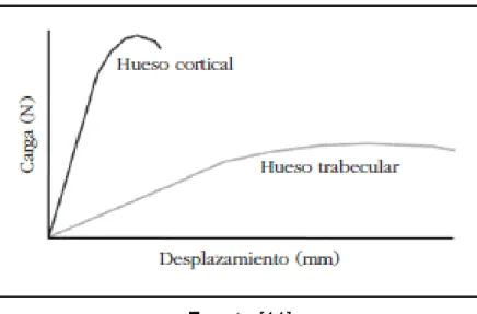 Figura  3. Curva  carga  -  desplazamiento  del  comportamiento  biomecánico  característico del hueso trabecular y cortical 