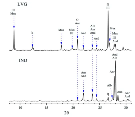 Figure  2.  Diffractograms of the LVG and IND samples. Illite (Ill); muscovite-2M (Mus); 