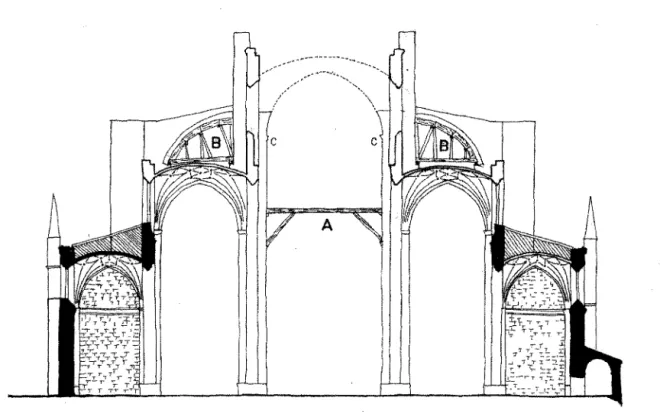 Figure 9. Process of building suggested by Enrique Egas in  1532: A horizontal strut; B flying buttresses  (centring hypothetical)