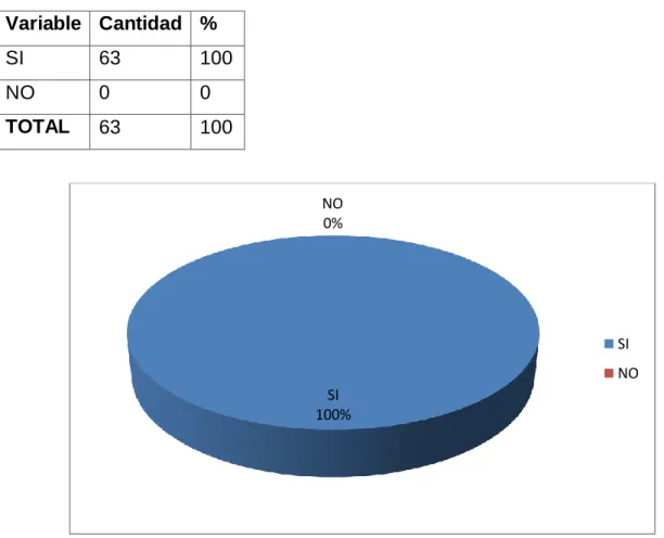 TABLA 1  Variable  Cantidad  %  SI  63  100  NO  0  0  TOTAL  63  100  ANÁLISIS E INTERPRETACIÓN 