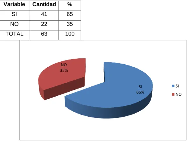 TABLA 5  Variable  Cantidad  %  SI  41  65  NO  22  35  TOTAL  63  100  ANÁLISIS E INTERPRETACIÓN 