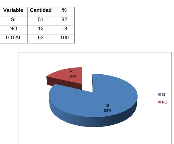 TABLA 7  Variable  Cantidad  %  SI  51  82  NO  12  18  TOTAL  63  100  ANÁLISIS E INTERPRETACIÓN 