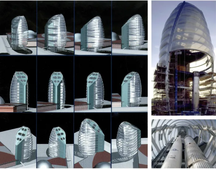 Figura 8.19: Izquierda: Diversas vistas de la torre de fachada textil del Museo del Espacio; Derecha arriba: Construcción de la facha- facha-da textil; derecha abajo: interior de la torre