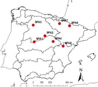 Figure 1. Location of the seven gauging stations with observations in the period 1942–2014